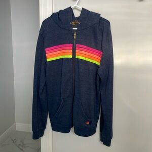 Aviator Nation Navy Hoodie with Rainbow Stripes